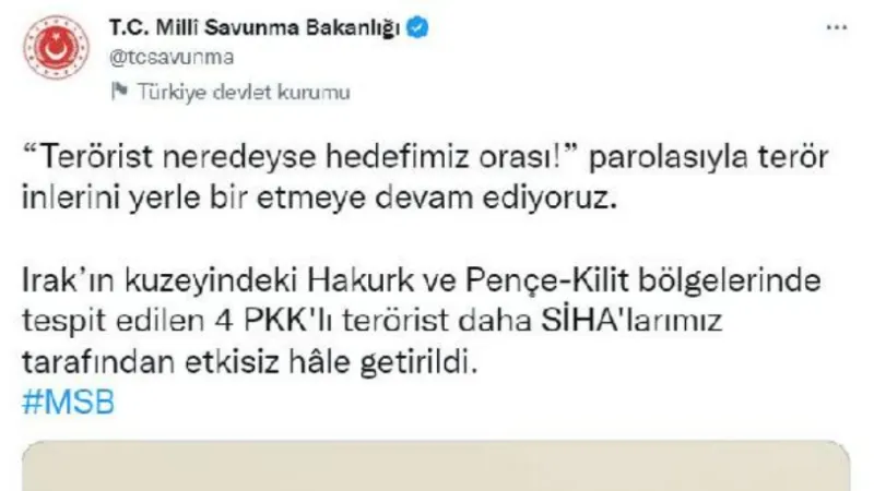 MSB: 4 PKK'lı terörist etkisiz hale getirildi