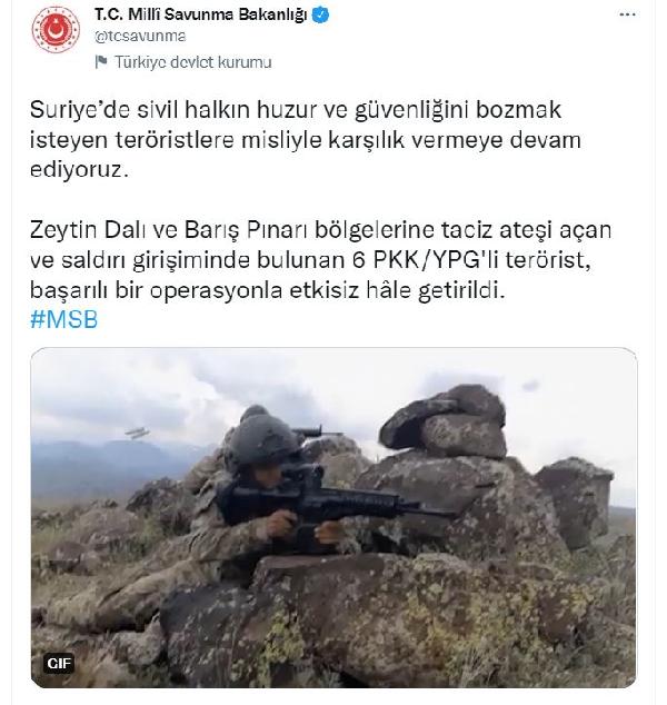 MSB: 6 PKK/YPG'li terörist etkisiz hale getirildi