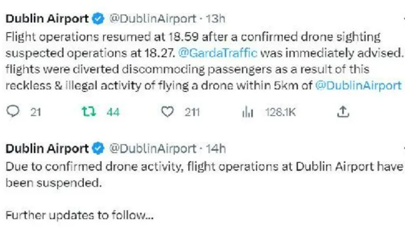 Dublin Havalimanı drone uçuşları sebebiyle yine kapatıldı