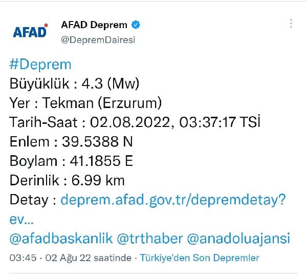 Erzurum'da 4.3 büyüklüğünde deprem