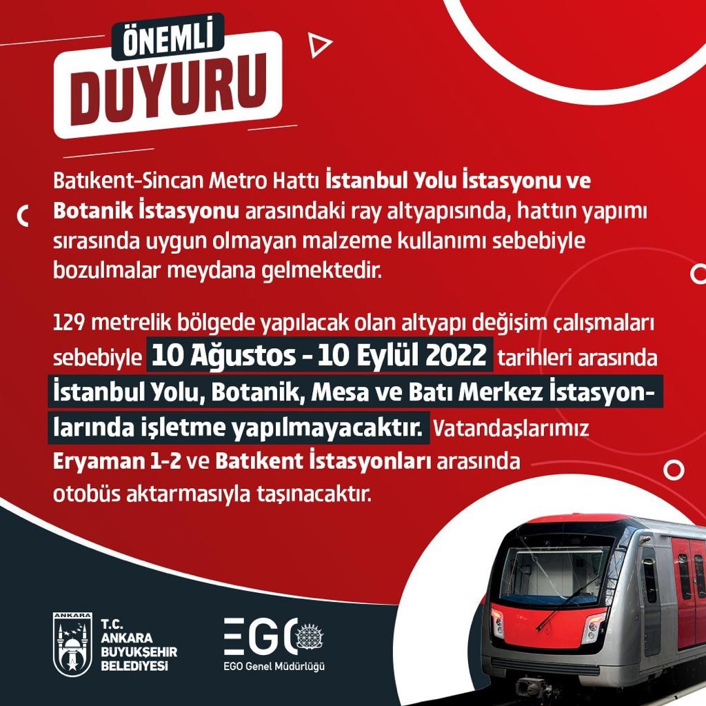 Ankara Metrosu’nda altyapı çalışması yarın başlıyor