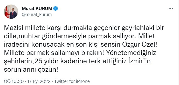 Bakan Kurum’dan CHP’li Özgür Özel’e yanıt: "Millete parmak sallamayı bırakın"