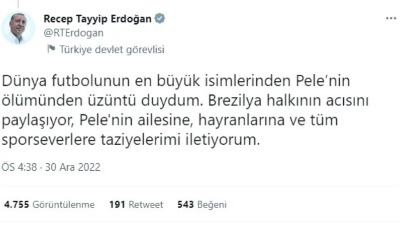 Cumhurbaşkanı Erdoğan’dan Brezilyalı futbolcu Pele için taziye mesajı