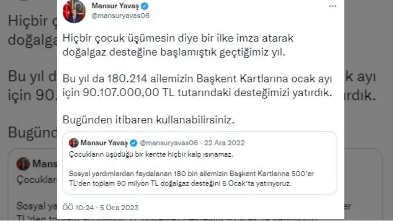 Ankara Büyükşehir’den 180 bin aileye doğal gaz desteği