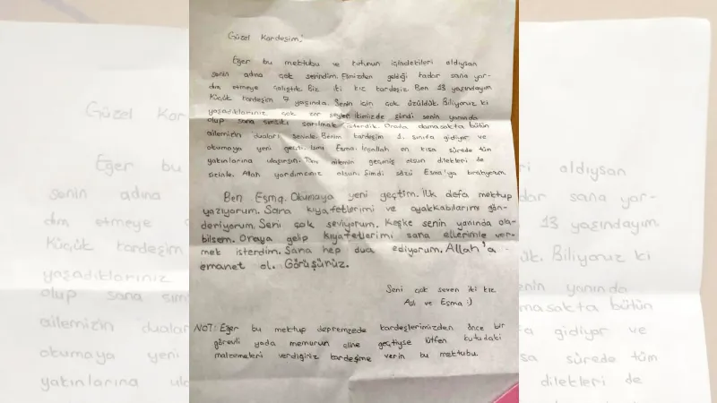 Akyurtlu iki kız kardeşten depremzedelere duygu dolu mektup