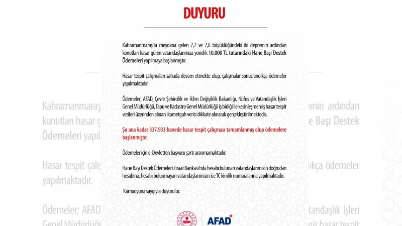 AFAD, konutları hasar gören depremzedelere 10 bin lira destek ödemesi başlatıldığını duyurdu