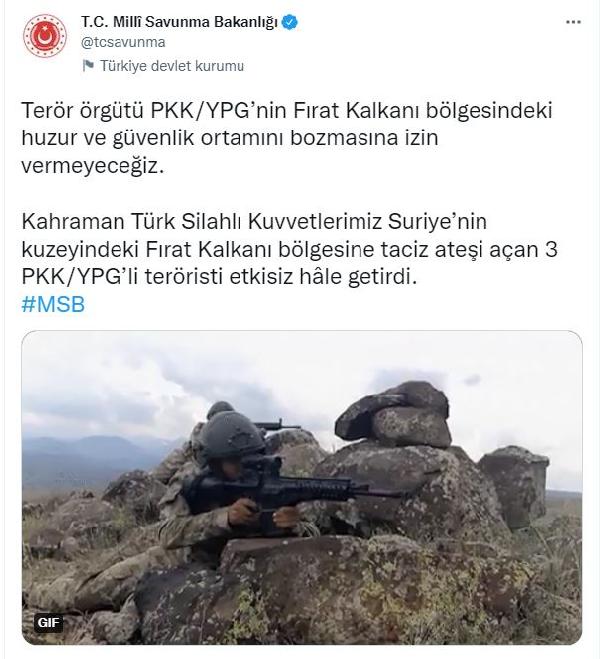 MSB: Taciz ateşi açan 3 terörist etkisiz hale getirildi