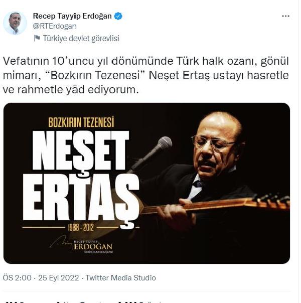 Cumhurbaşkanı Erdoğan'dan Neşet Ertaş için anma mesajı