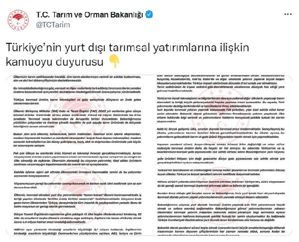 Tarım ve Orman Bakanlığı: Türkiye Cumhuriyeti Devleti adına yurt dışında arazi kiralanması söz konusu değildir