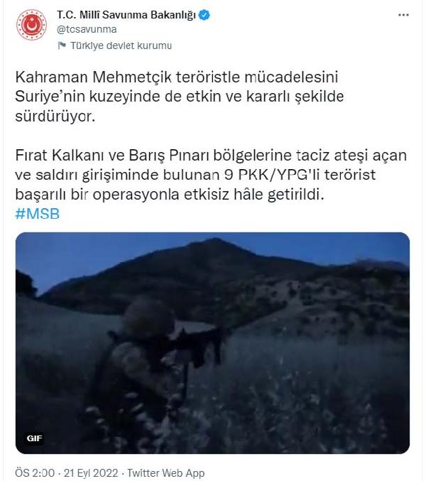 MSB: Suriye'nin kuzeyinde 9 PKK/YPG'li terörist etkisiz hale getirildi