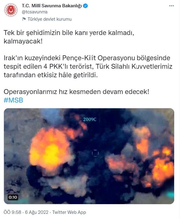 MSB: Irak'ın kuzeyinde 4 PKK'lı etkisiz hale getirildi