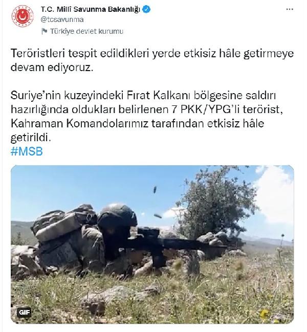 MSB: PKK/YPG'li 7 terörist, etkisiz hale getirildi