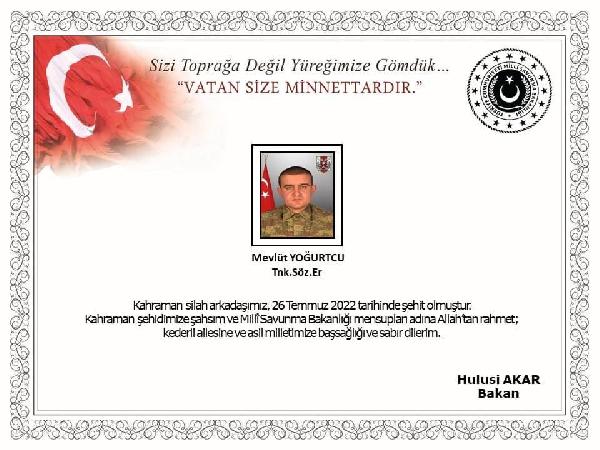 Fırat Kalkanı Harekat Alanı bölgesinde 2 asker şehit oldu.