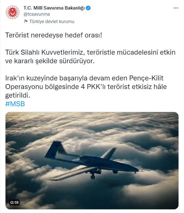 MSB: Pençe- Kilit bölgesinde 4 terörist etkisiz hale getirildi