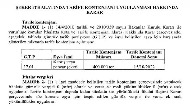 400 bin ton şeker ithalatına ilişkin karar Resmi Gazete’de