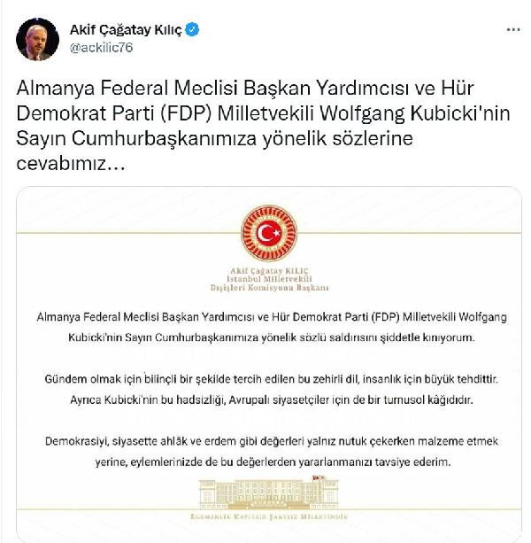 Dışişleri Komisyonu Başkanı Kılıç'tan Alman vekile tepki