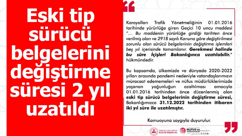 Eski tip sürücü belgelerini değiştirme süresi 2 yıl uzatıldı