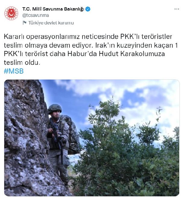 MSB: 1 PKK'lı terörist hudut karakolumuza teslim oldu