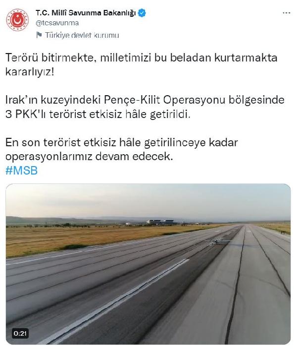 MSB: Pençe- Kilit bölgesinde 3 terörist etkisiz hale getirildi