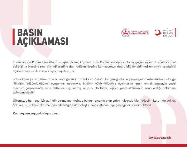 Göç İdaresi Başkanlığından Rahim Cavadbeyli iddialarına ilişkin açıklama