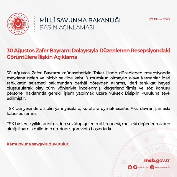 MSB'den Tokat'taki resepsiyona ilişkin açıklama