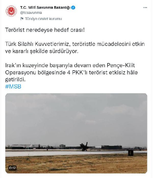 MSB: Pençe- Kilit Operasyonu bölgesinde 4 terörist etkisiz hale getirildi