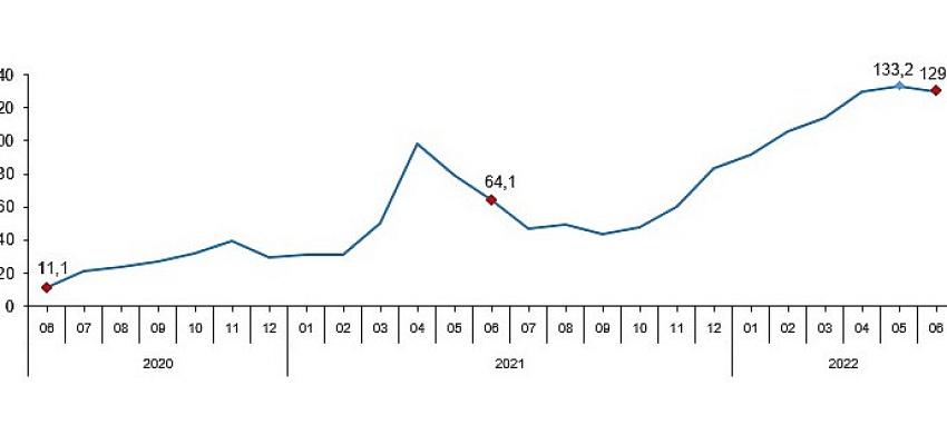 Sanayi, inşaat, ticaret ve hizmet sektörleri toplamında ciro endeksi (2015=100), 2022 yılı Haziran ayında yıllık yüzde 129,8 arttı.