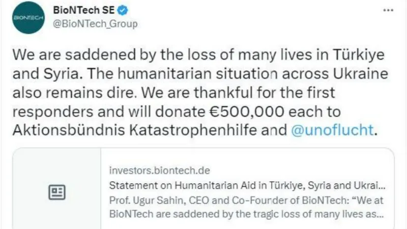 BioNTech’ten 2 kuruluşa toplam 1 milyon euro deprem yardımı