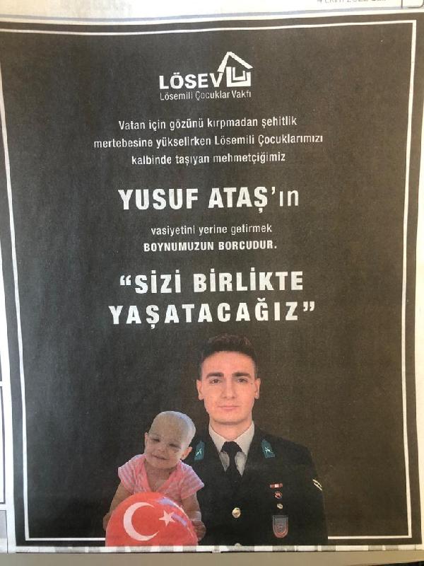 LÖSEV'den şehit Yusuf Ataş'ın vasiyeti için ilan: Sizi birlikte yaşatacağız