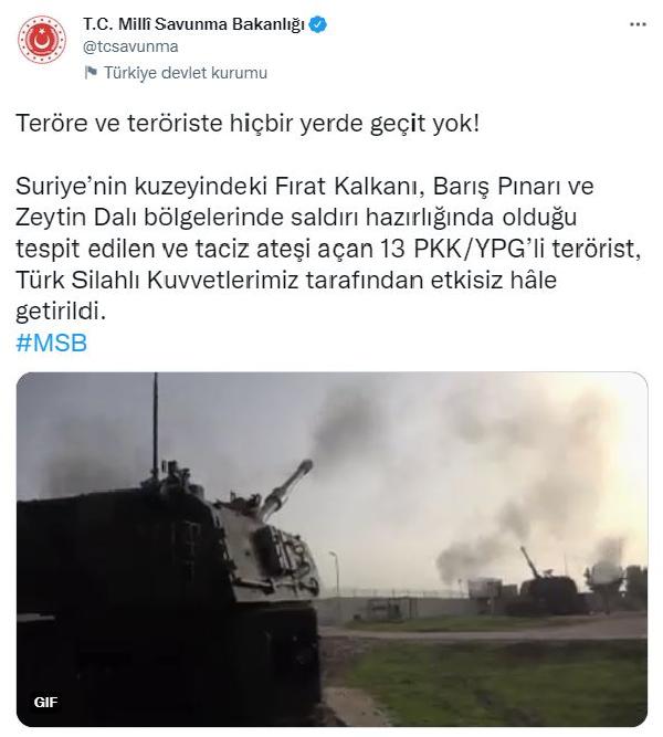 MSB: PKK/YPG'li 13 terörist etkisiz hale getirildi