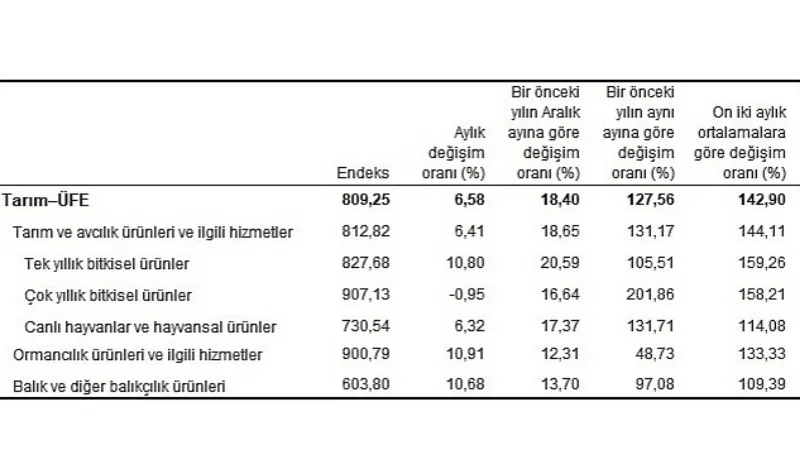 Tarım ürünleri üretici fiyat endeksi (Tarım-ÜFE) yıllık %127,56, aylık %6,58 arttı