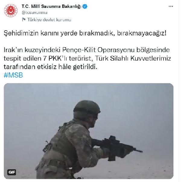 MSB: Pençe-Kilit bölgesinde 7 PKK'lı terörist etkisiz hale getirildi