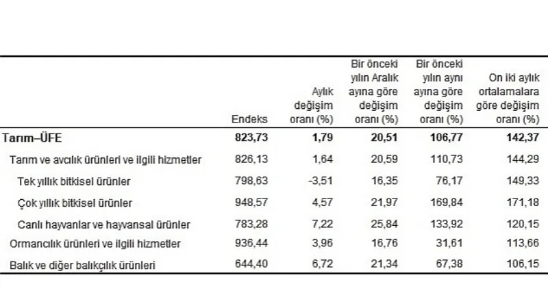 TÜİK: Tarım ürünleri üretici fiyat endeksi (Tarım-ÜFE) yıllık %106,77, aylık %1,79 arttı