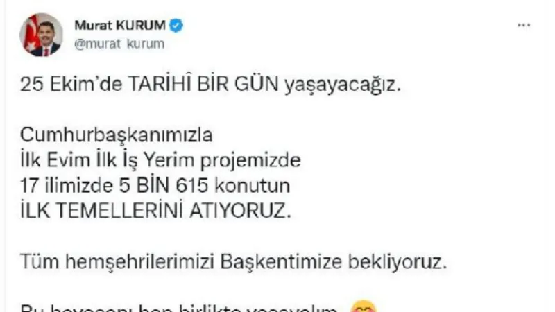 Bakan Kurum: 'İlk Evim İlk İş Yerim' projesinin temellerini 25 Ekim'de atacağız