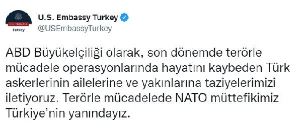 ABD Büyükelçiliği'nden hayatını kaybeden Türk askerleri için taziye mesajı