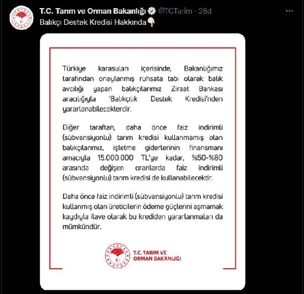 Balıkçılara indirimli tarım kredisi