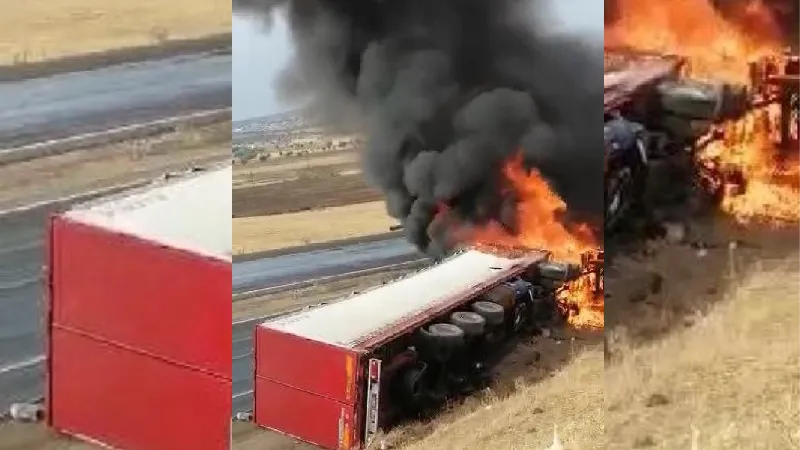 Devrilen TIR'ın kupa kısmı alev aldı; o anlar kamerada