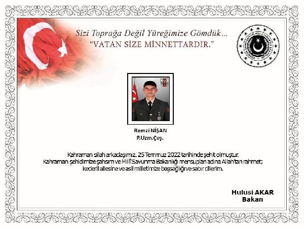 MSB: Pençe-Yıldırım bölgesinde 1 asker şehit