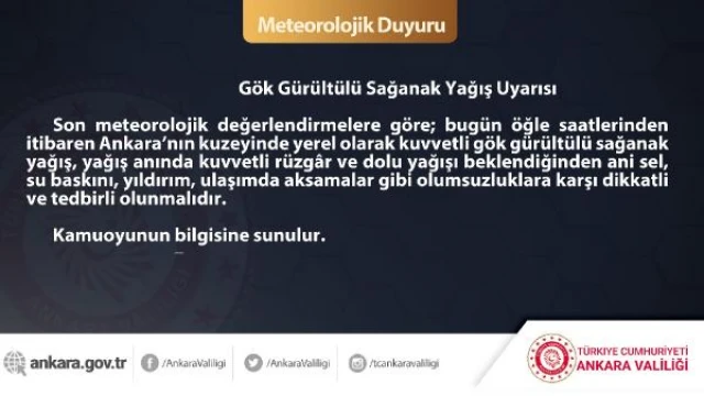 Ankara Valiliği’nden kuvvetli yağış ve rüzgar uyarısı