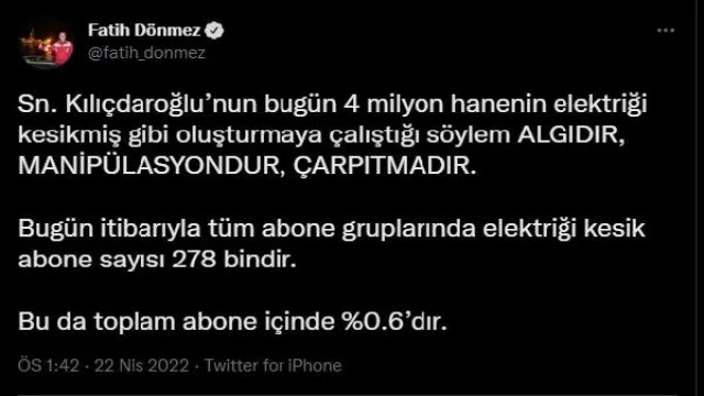 Bakan Dönmez: Tüm abone gruplarında elektriği kesik abone sayısı 278 bindir