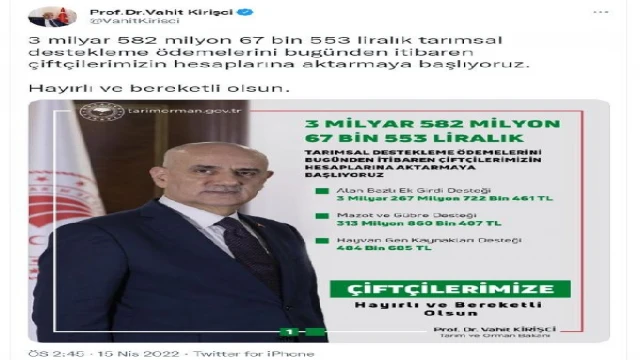 Bakan Kirişci: Tarımsal destek ödemelerini hesaplara aktarıyoruz