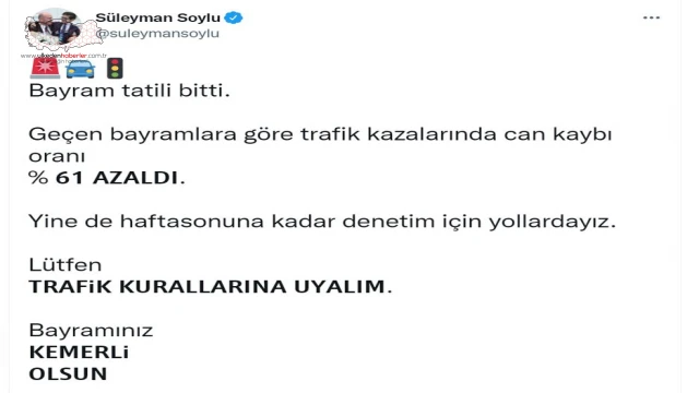 Bakan Soylu: Bu bayram can kaybı oranı yüzde 61 azaldı