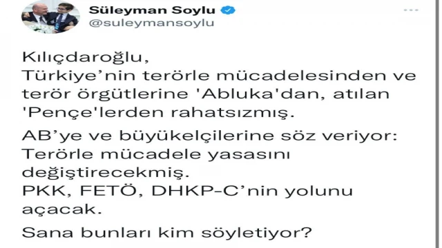 Bakan Soylu: “Kılıçdaroğlu, Türkiye’nin terörle mücadelesinden ve terör örgütlerine ’Abluka’dan, atılan ’Pençe’lerden rahatsızmış”