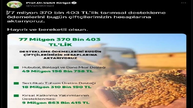 Bakan Vahit Kirişci: 77 milyon 370 bin 403 TL’lik destekleme ödemelerini hesaplara aktarıyoruz