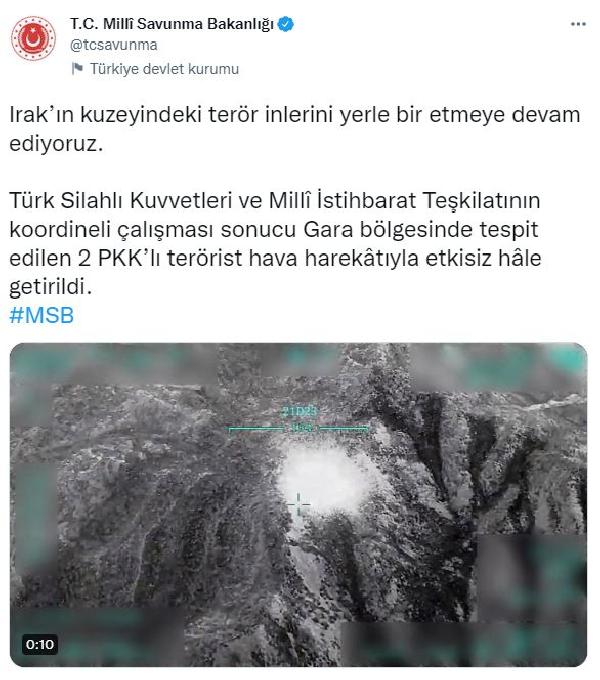 MSB: TSK ve MİT'in koordineli çalışmasıyla 2 terörist etkisiz hale getirildi