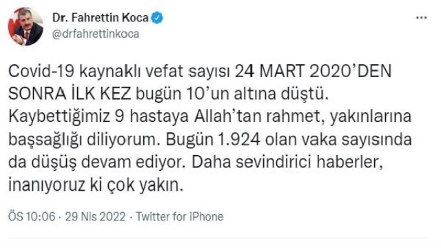 Covid-19’da vefat sayısı ilk kez 10’un altına düştü