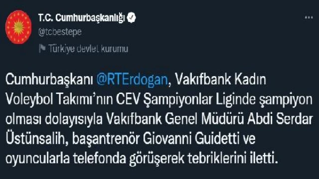 Cumhurbaşkanı Erdoğan, Vakıfbank Genel Müdürü Üstünsalih ve başantrenör Guidetti tebrik etti