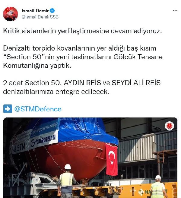 Reis sınıfı denizaltılara yeni 'Section 50' teslimatı