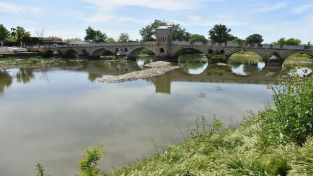 Debisi düşen Tunca Nehri otla kaplandı