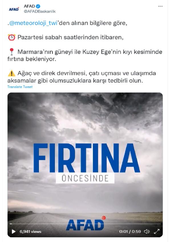 AFAD'dan Marmara'nın güneyi ve Kuzey Ege'nin kıyı kesimi için 'fırtına' uyarısı